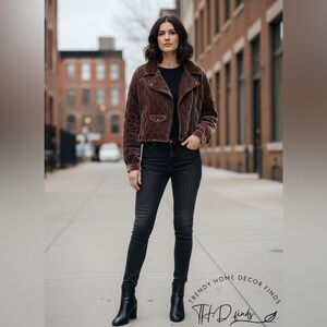 7 For All Mankind Quilted Velvet Moto Jacket Brown Size L New Without Tags